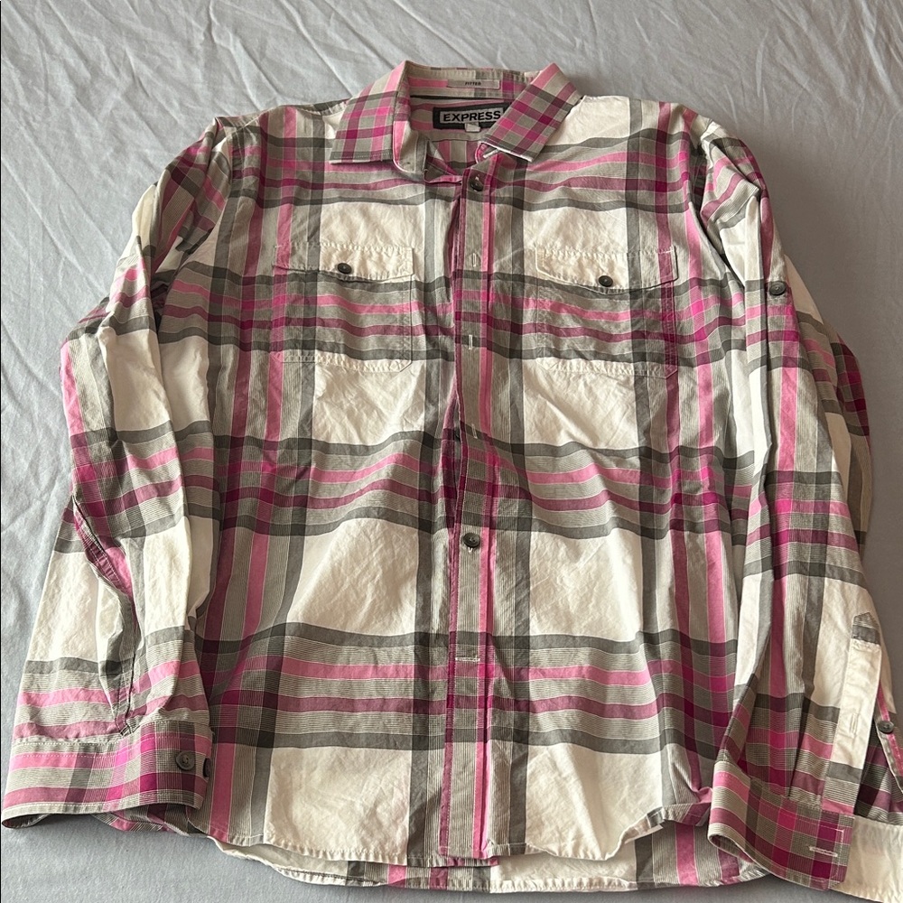 Express fitted men’s Pink and Gray Plaid Shirt